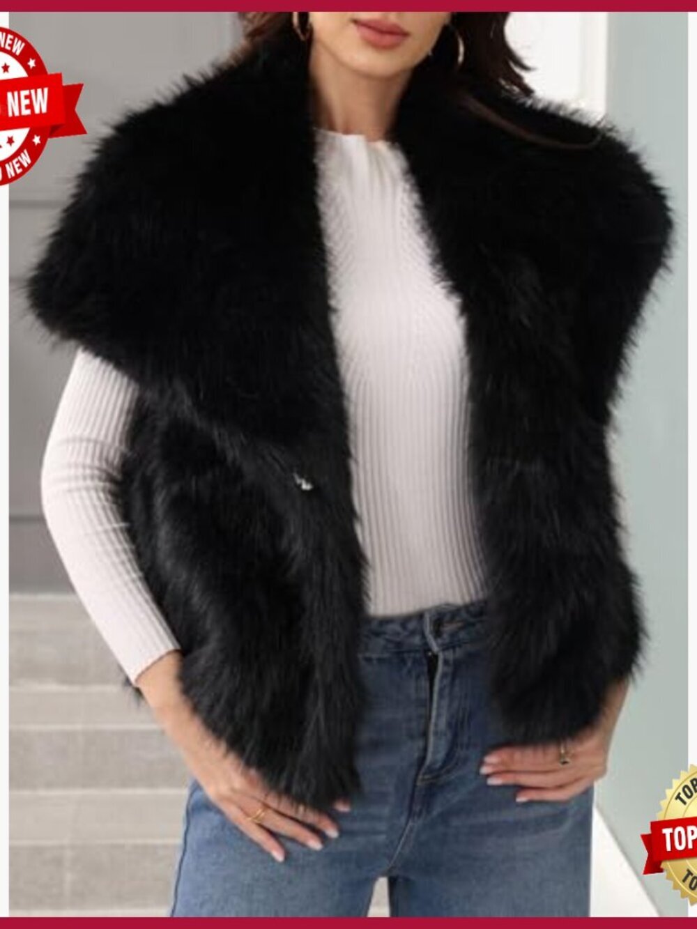 Faux Fur Vest Sleeveless Fuzzy Jacket Shaggy Winter Coat with Pockets - Picture 4 of 6